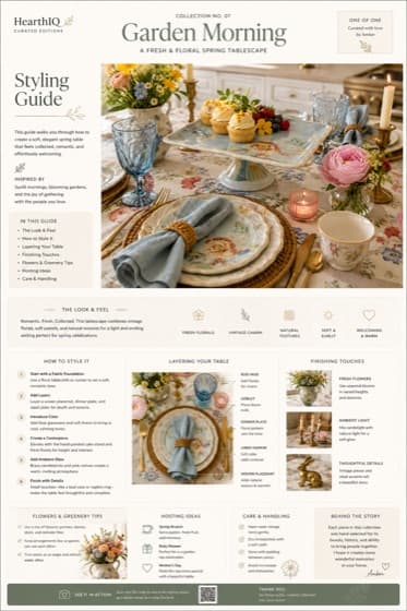 A kept HearthIQ styling guide page for the Garden Morning tablescape