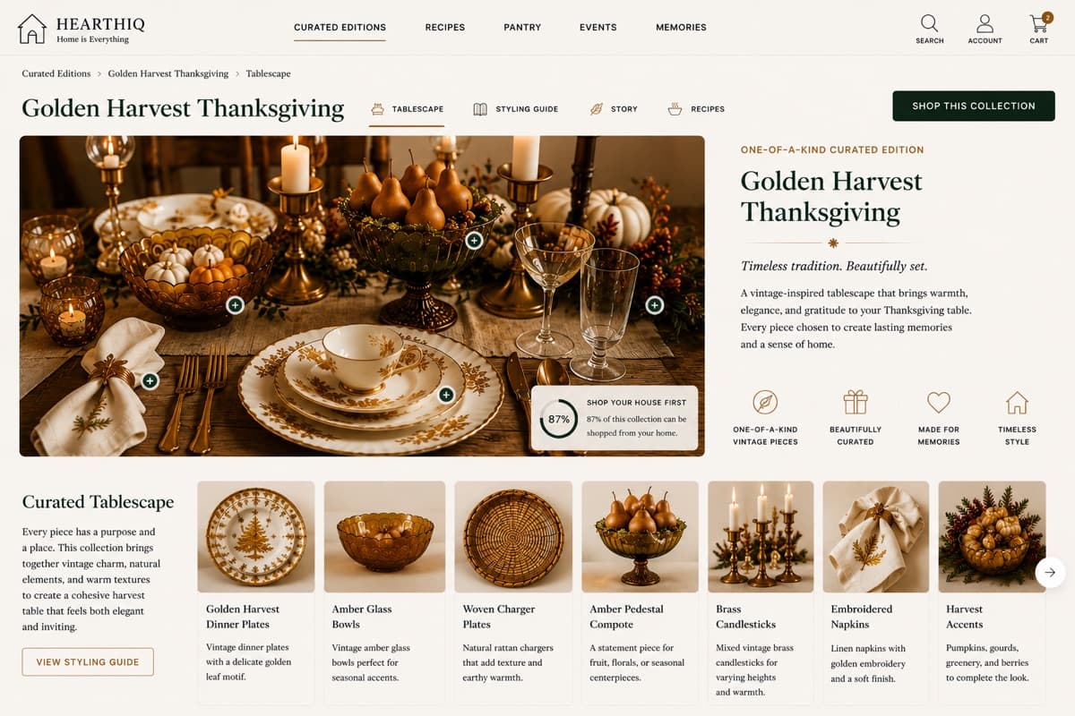 The Golden Harvest Thanksgiving curated tablescape page in HearthIQ