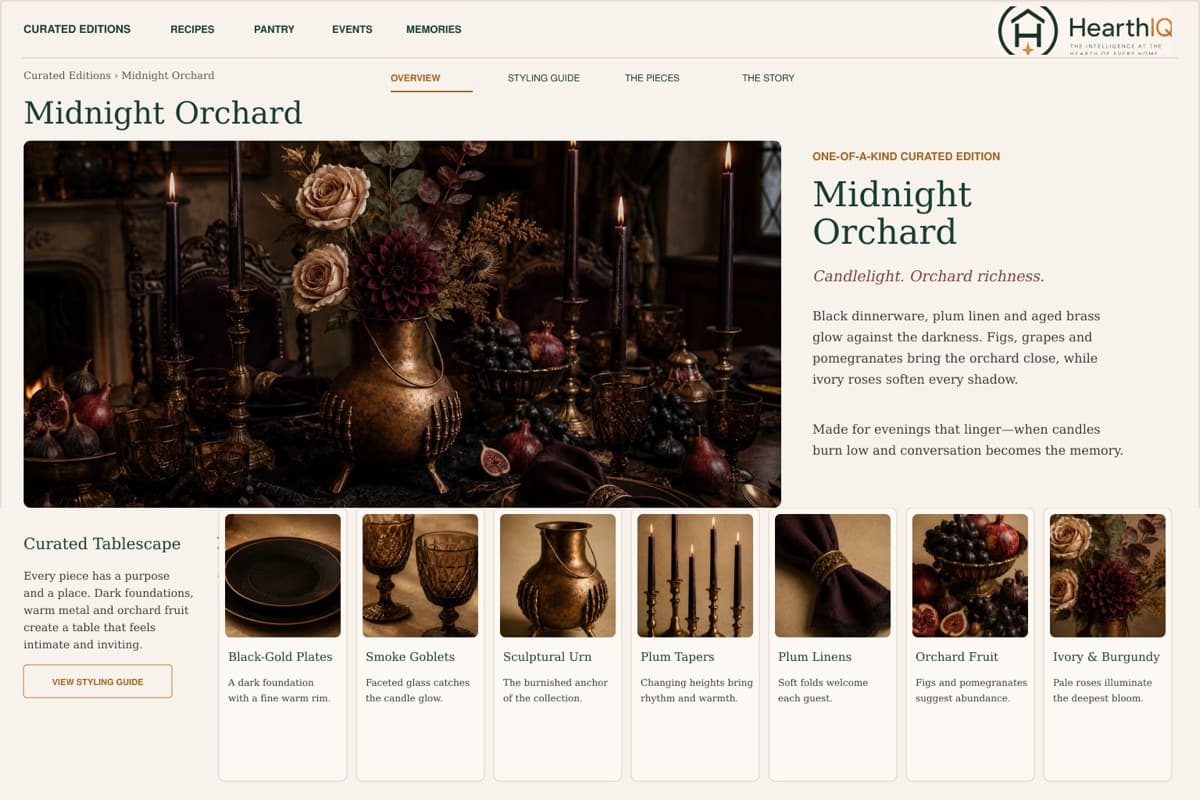 The Midnight Orchard curated tablescape page in HearthIQ