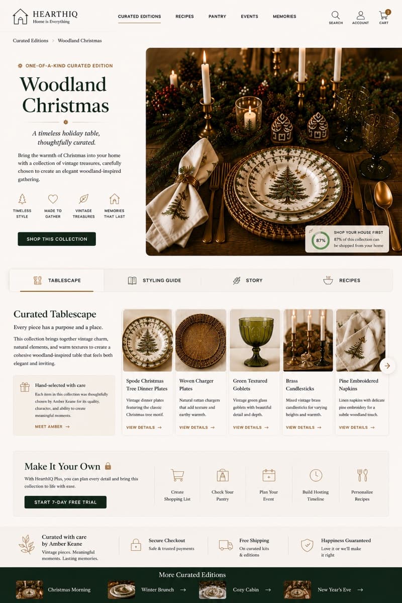 The Woodland Christmas curated tablescape page in HearthIQ