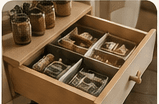 An open drawer of neatly organized keepsakes