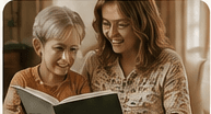 Two women reading a book together and smiling