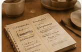 A handwritten notebook open on a table