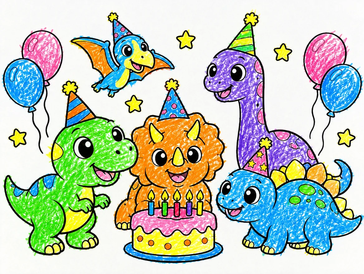 The cover of the dinosaur birthday coloring book, colored in with crayon