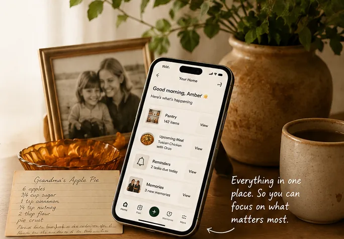 A family photo, a handwritten recipe card and HearthIQ open on a phone, on a kitchen counter